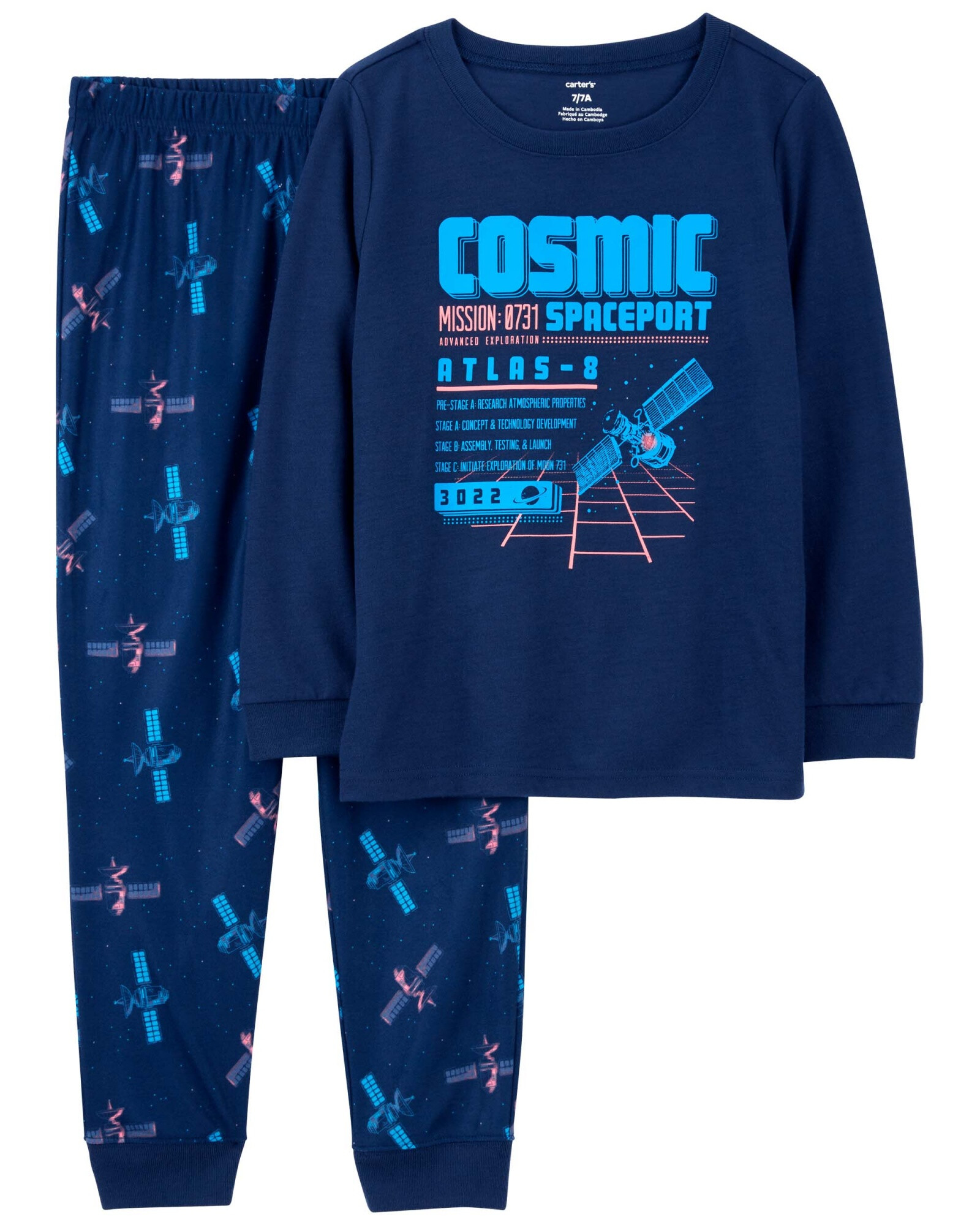 Pijama dos piezas de algodón, pantalón y remera, diseño espacial Sin color
