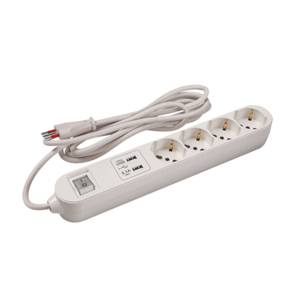 Alargue 3L con 4 tomas schuko + 2 USB 3 mt. blanco E18263