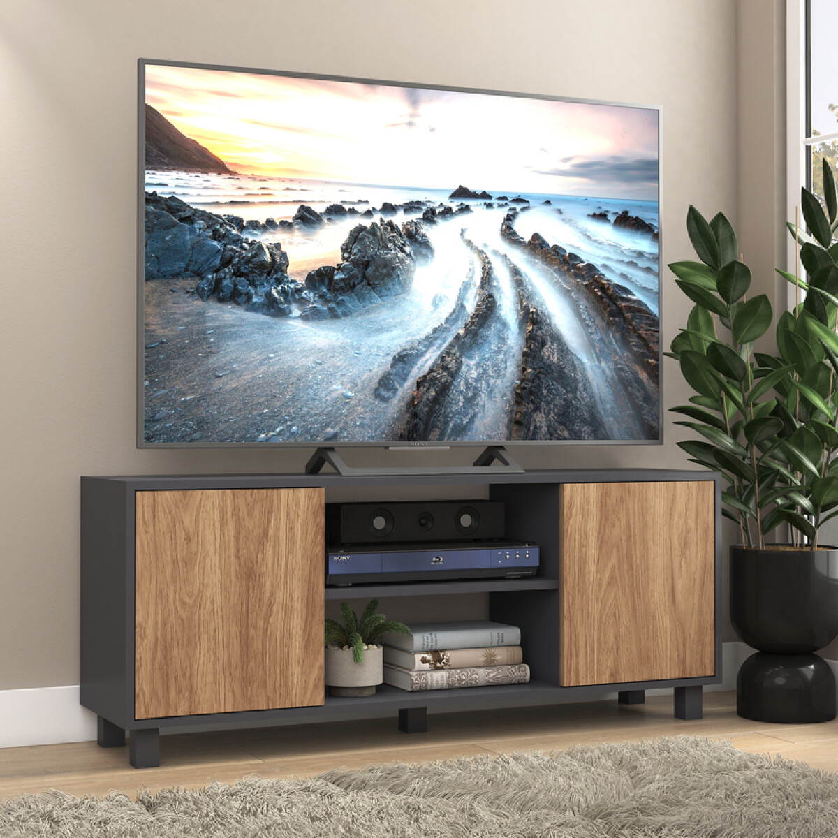 Mueble Rack de Tv Hasta 50" Manhattan de Piso con 2 Puertas y Estantes 120 cm de Ancho - Manchester / Grafito 