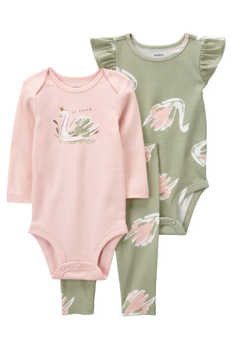 Set tres piezas de algodón, pantalón y bodies, diseño cisne Set tres piezas de algodón, pantalón y bodies, diseño cisne