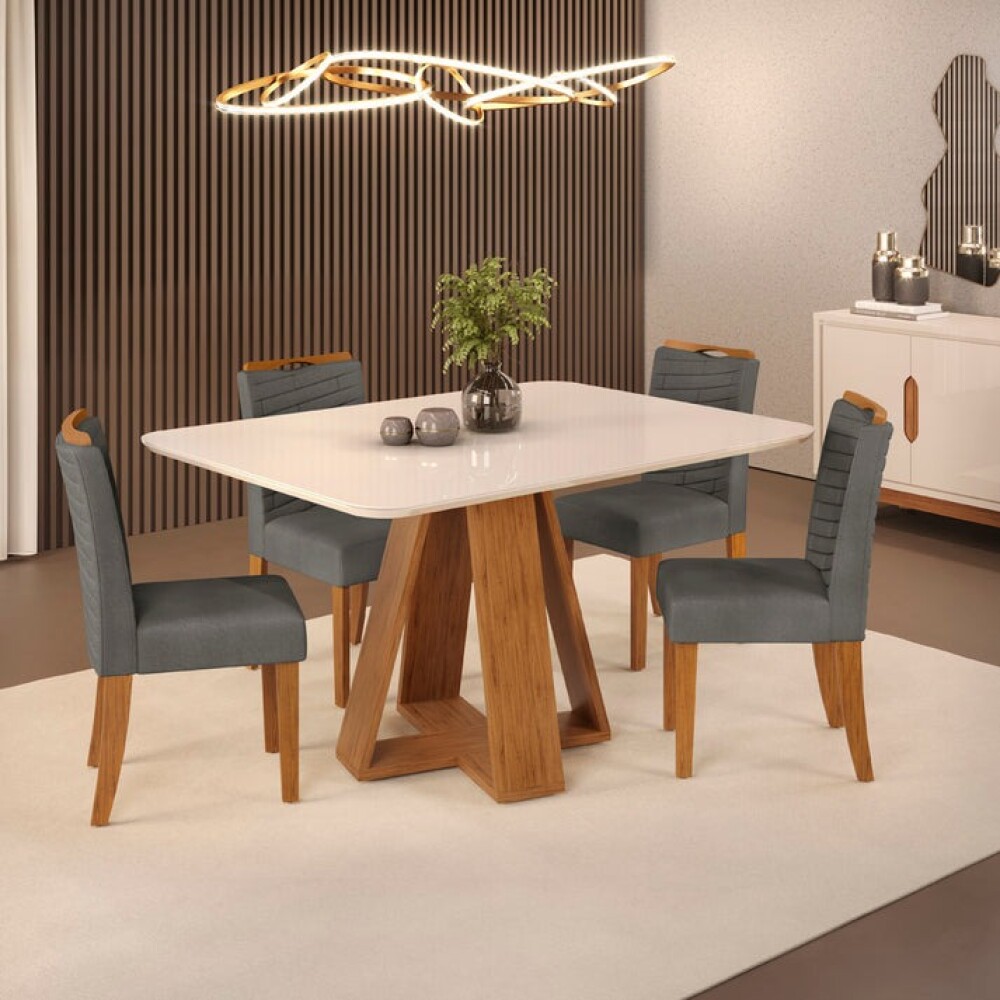Juego De Comedor - 4 Sillas + Mesa Tapa De Vidrio - Celeste Gris Beige