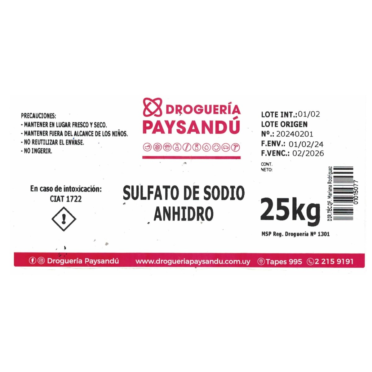 Sulfato de sodio anhidro - 25 kg 
