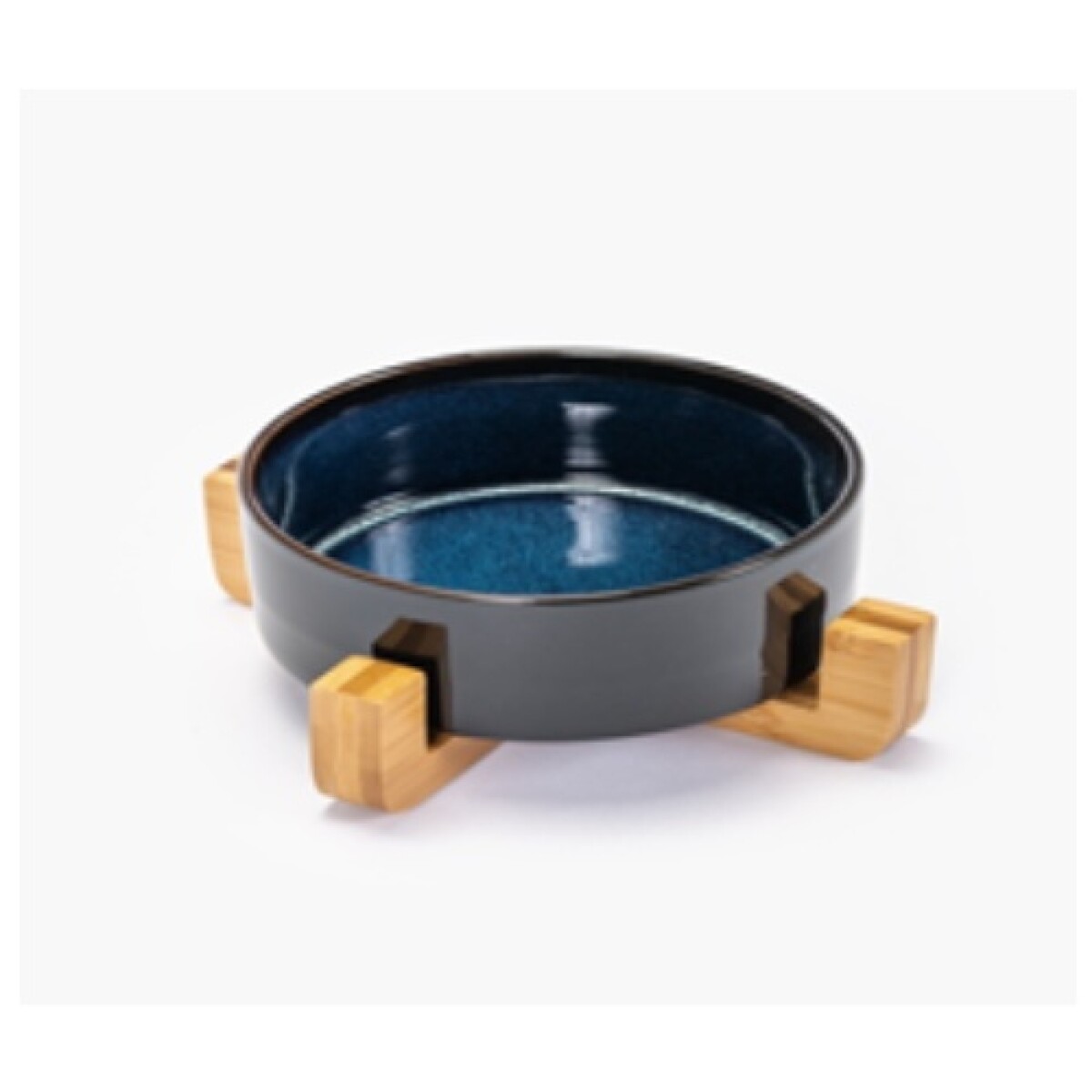 Comedero cerámica y bambú 19cm. Diseño negro con azul. - Comedero Cerámica Y Bambú 19cm. Diseño Negro Con Azul. 