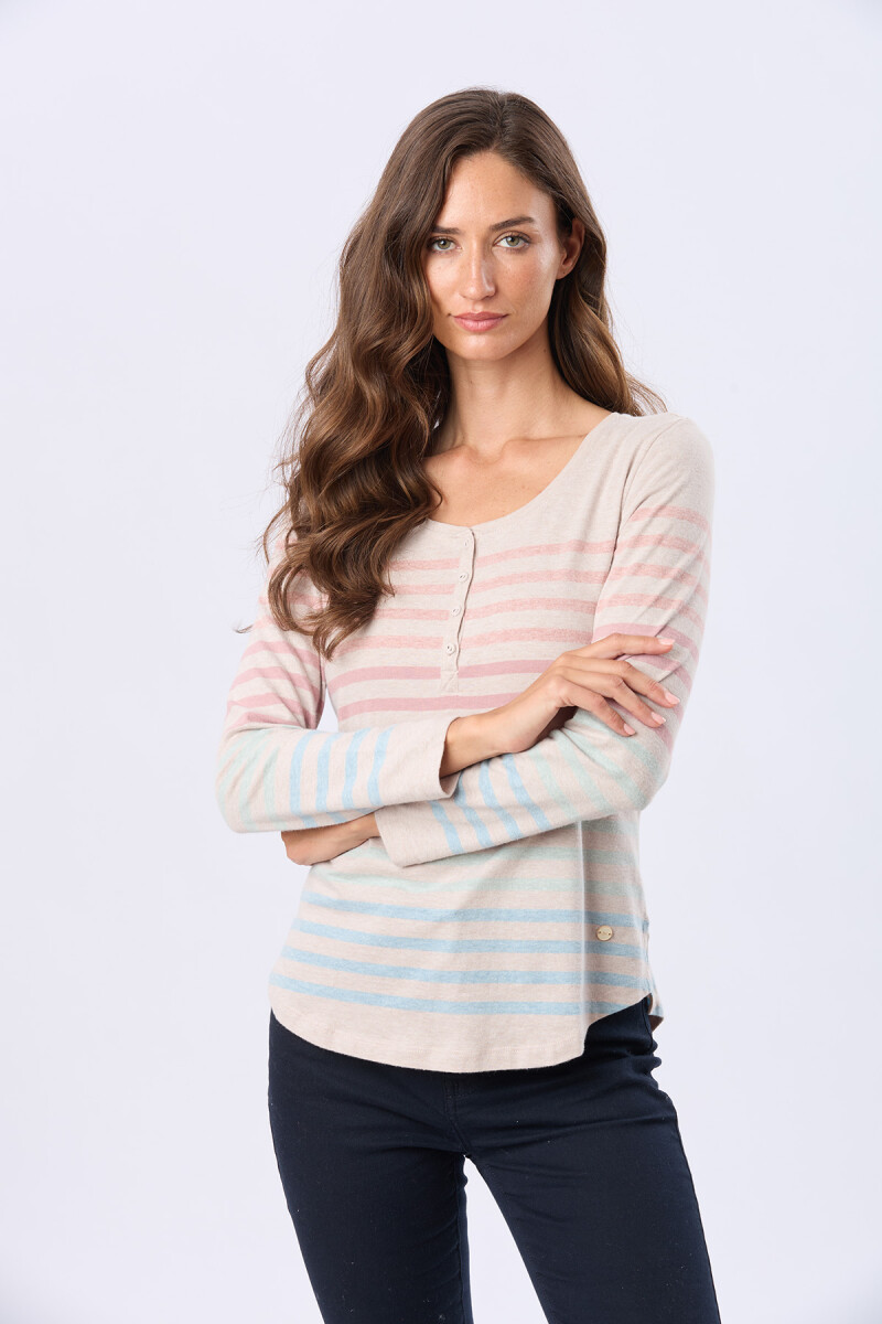 REMERA RAYADA DE ALGODÓN - Beige 