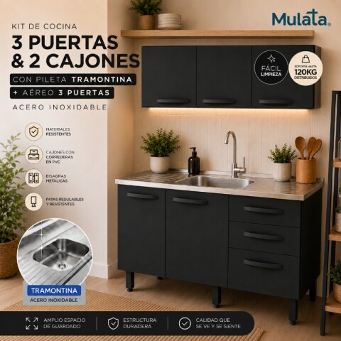 Kit de Cocina Bajo Mesada 3 Puertas y 2 Cajones con Pileta Central Tramontina Acero Inox Y Areo 3 Puertas - Negro Kit de Cocina Bajo Mesada 3 Puertas y 2 Cajones con Pileta Central Tramontina Acero Inox Y Areo 3 Puertas - Negro