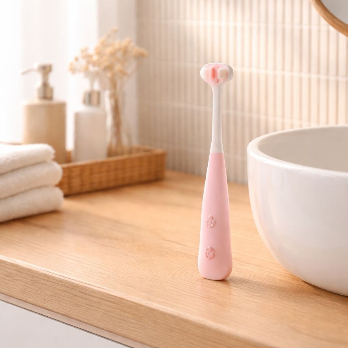CEPILLO DE DIENTES DE TRES LADOS PARA PROTECCIÓN DE ENCÍAS PARA NIÑOS (ROSA) 