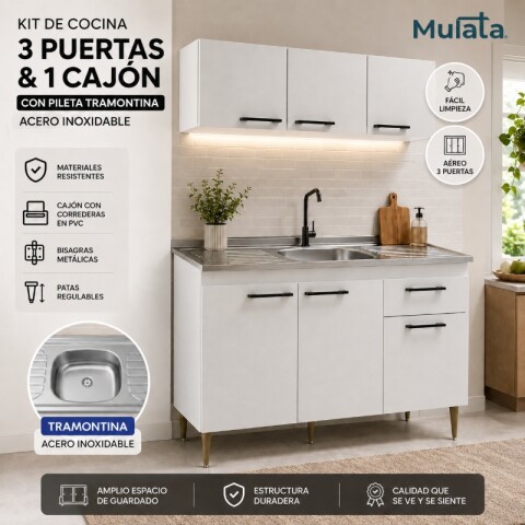 Bajo Mesada + Aereo 3 Puertas + Mesada en Acero Tramontina - Blanco Bajo Mesada + Aereo 3 Puertas + Mesada en Acero Tramontina - Blanco