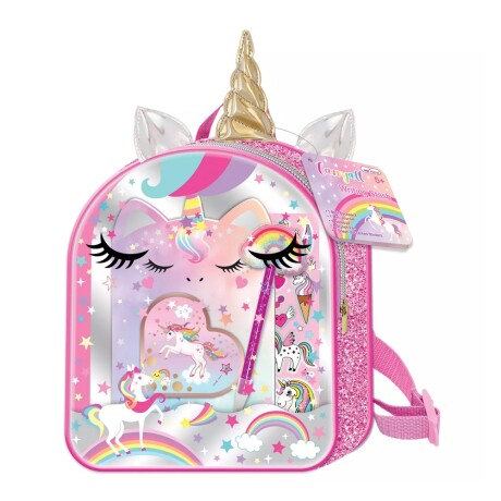 Mochila Arte Papelería p/Niña con Libreta Lapicera Stickers Unicornio