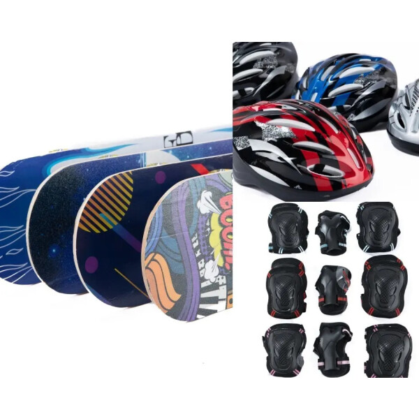 Set de patineta madera de 80cms + Set de protección + casco desde 8 años Set de patineta madera de 80cms + Set de protección + casco desde 8 años