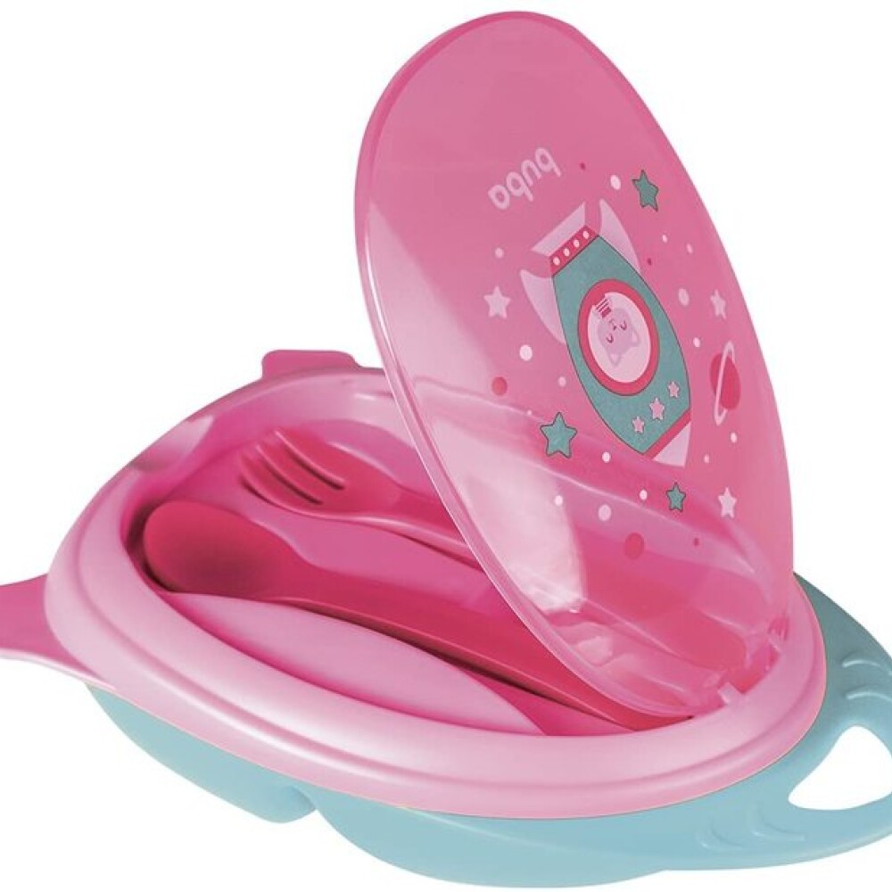 vianda tupper y cubiertos space cohete BUBA rosa