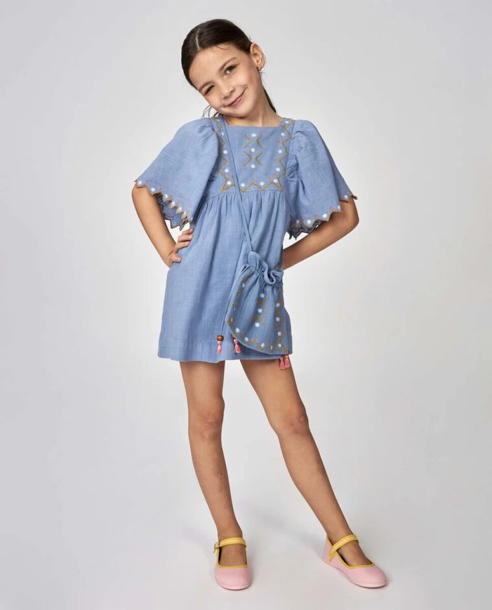 Vestido Con Bordados - Azul Claro 