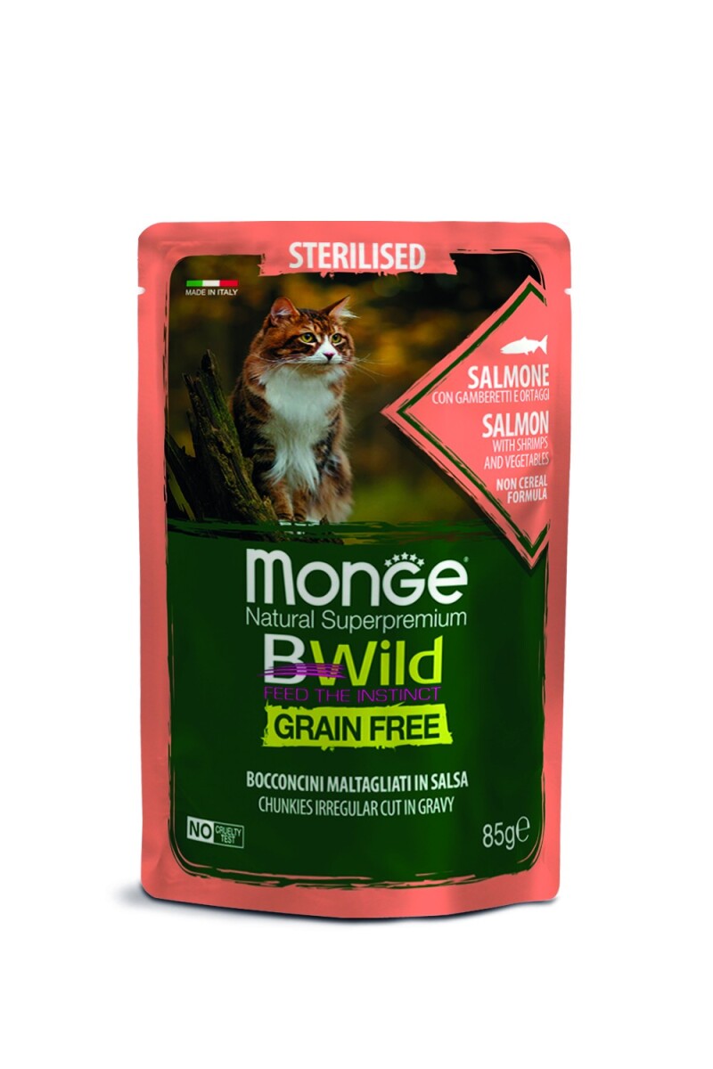 MONGE BWILD POUCHES ESTERILISED SALMON W/VEGETABLE 85 GRS 