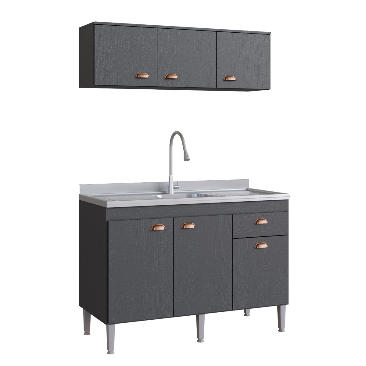 Conjunto Bajo Mesada + Aéreo De Cocina Sin Pileta Gris Grafito 