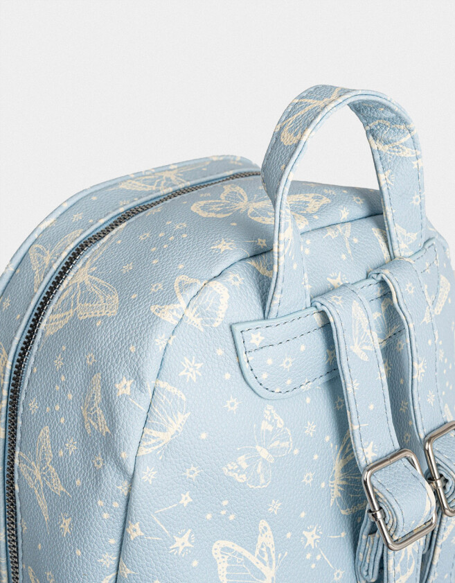 Mochilas Urbanas Estampados Mochila Cuerina Mariposas - Azul Celeste