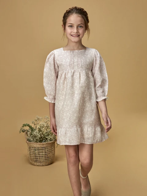 Vestido Lino Estampado Flores Rosa Suave