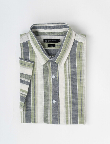 Camisa m/c efecto lino rayada azul/verde