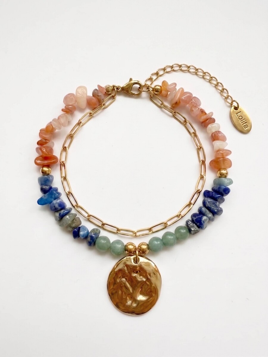 Pulsera piedras naturales con dije acero - dorado 