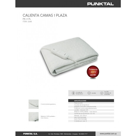 Calienta Camas Punktal 1 Plaza Control Temperatura lavable 5726
