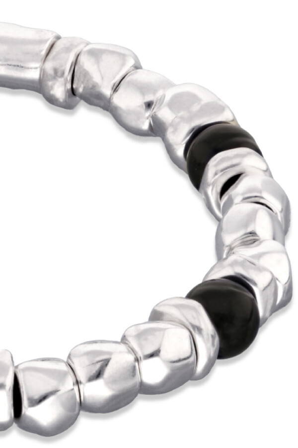 PULSERA ELÁSTICA DE CUENTAS DE ALECIÓN DE METALES BAÑADAS EN PLATA Y CRISTAL DE MURANO NEGRO Pulsera