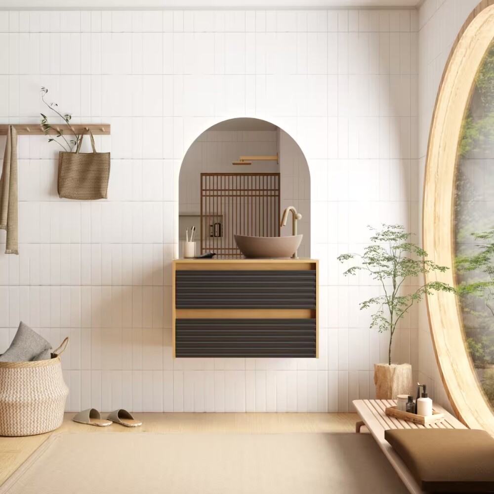 Mueble de baño suspendido Osaka Negro con tapa de vidrio sin bacha Mueble De Baño Suspendido Osaka Negro Con Tapa De Vidrio Sin Bacha