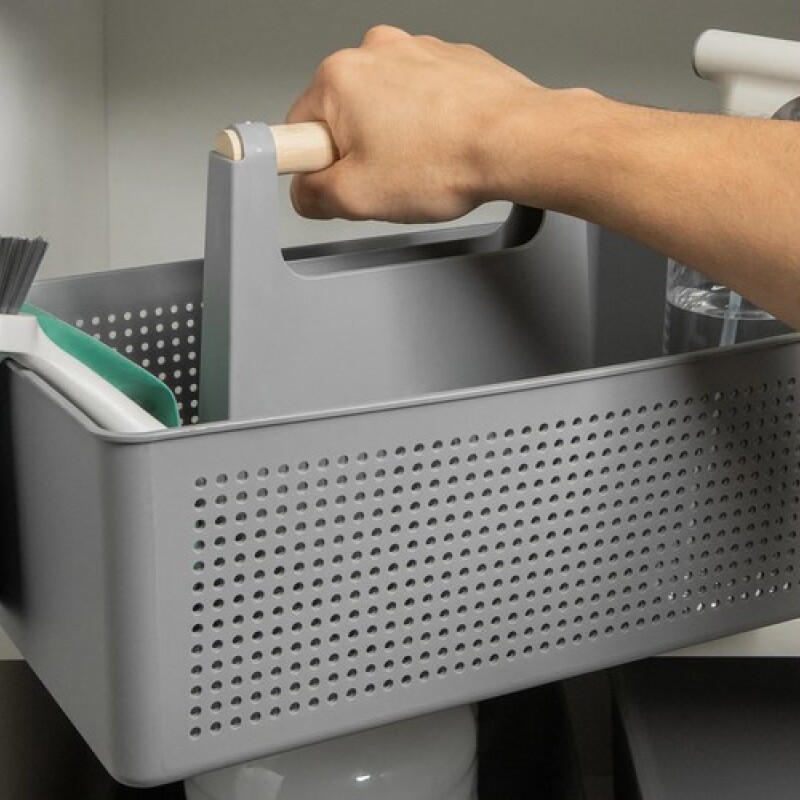 Cesto Organizador con manija de madera Gris