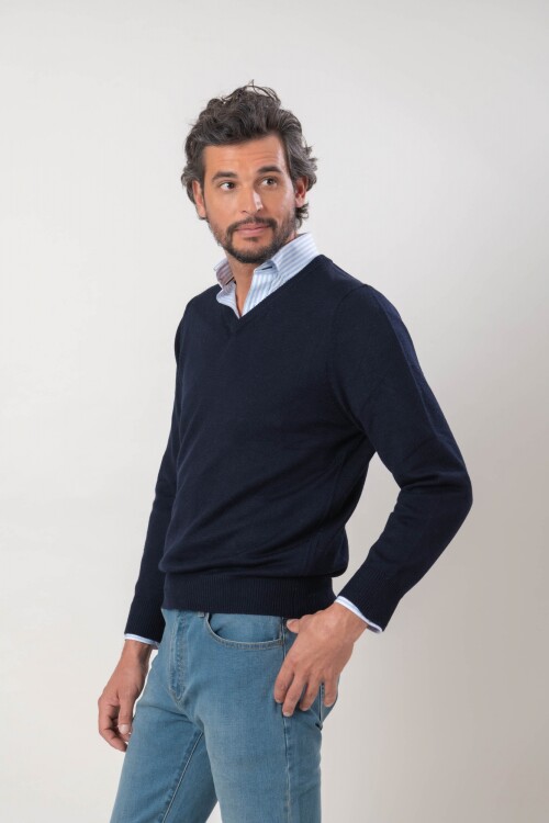 Sweater escote V lana Lambswool Azul Marino