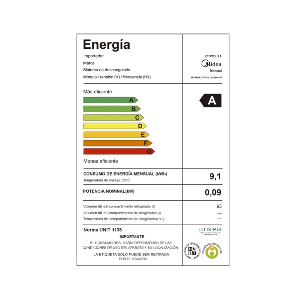 Heladera Midea Mdrd142fgr30 93l FRIGOBAR MIDEA MDRD142FGR30 93LTS NEGRO