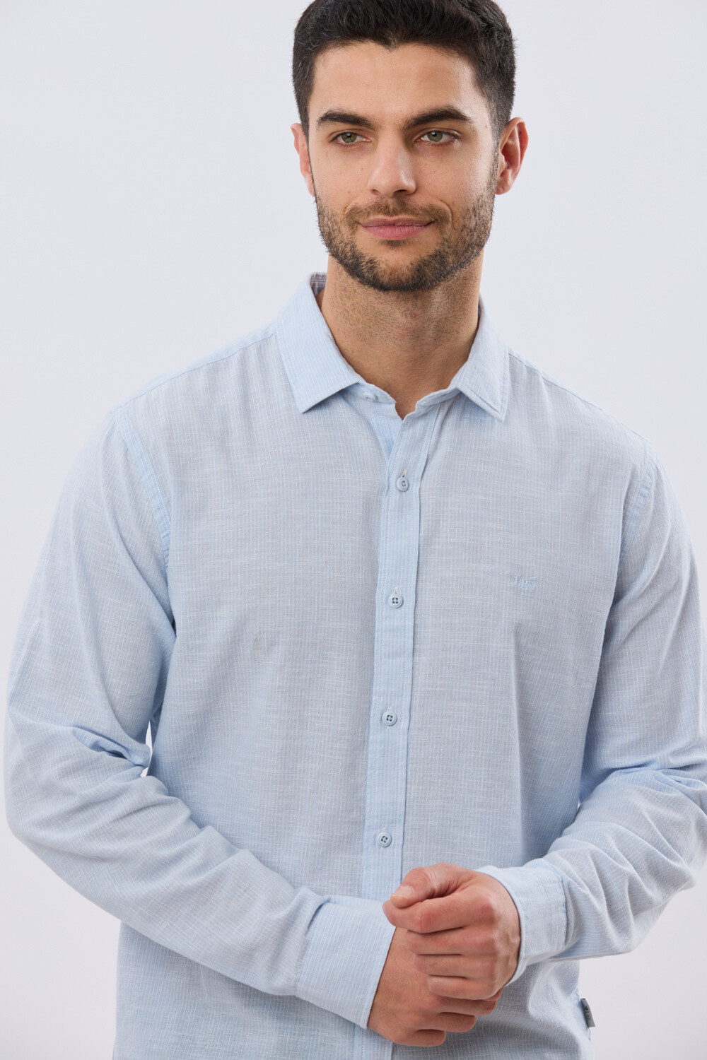 CAMISA RAYADA DE LINO Celeste