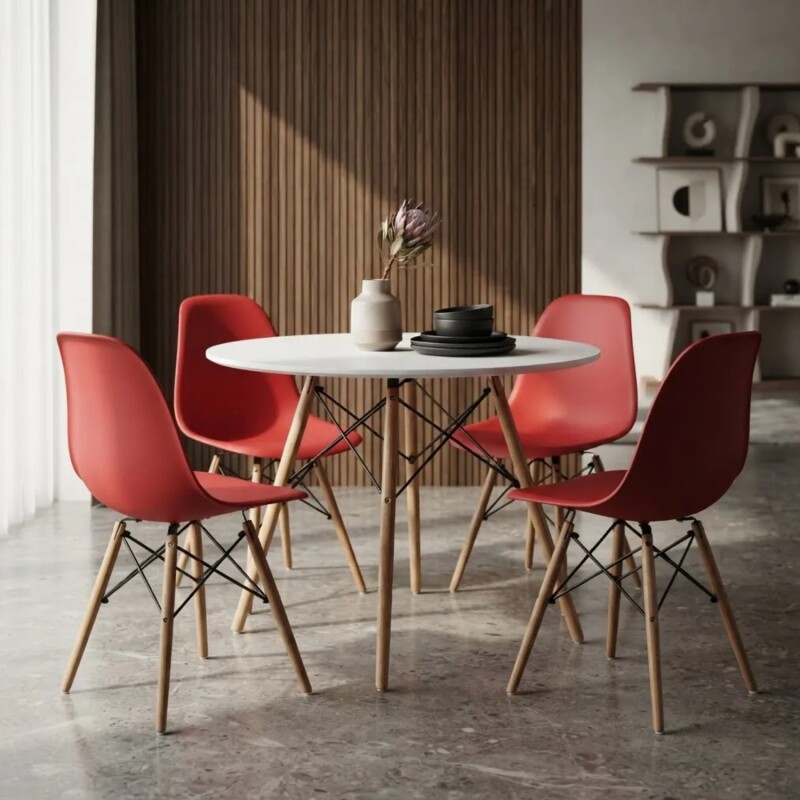 Juego de comedor Con Mesa Circular de 80cm + 4 Sillas Eames Rojo/Blanco