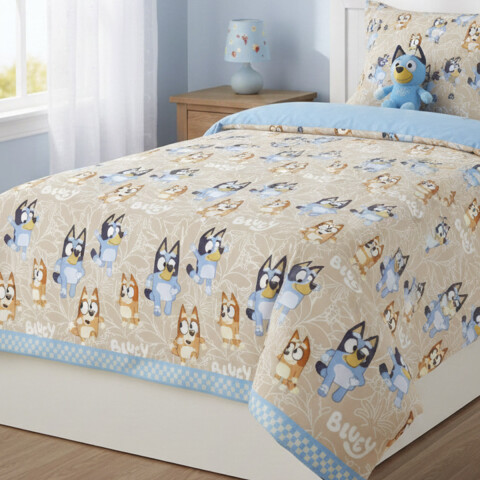 Colcha Infantil Bluey 1 Plaza 100% Microfibra CELESTE/BEIGE