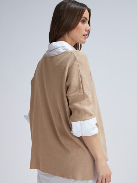 Camiseta manga corta escote en V tejida Beige