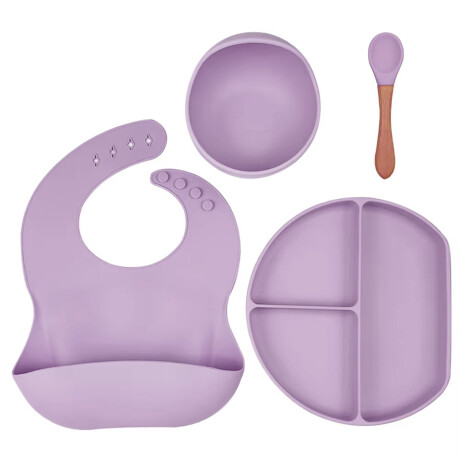 Set de Comida Bebé con Babero Plato Bowl Cuchara en Silicona Lila