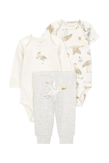 Set tres piezas de algodón, pantalón y dos bodies, diseño cigüeña Sin color