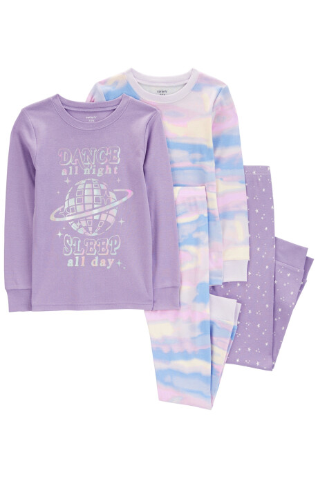 Pijama cuatro piezas de algodón, dos pantalones y dos remeras, estampados Sin color