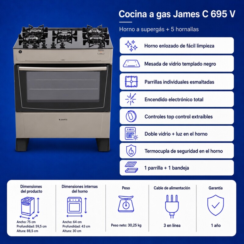Cocina A Gas James 5 Hornallas Titanuim Con Mesada De Vidrio Negra C 695 V Cocina A Gas James 5 Hornallas Titanuim Con Mesada De Vidrio Negra C 695 V