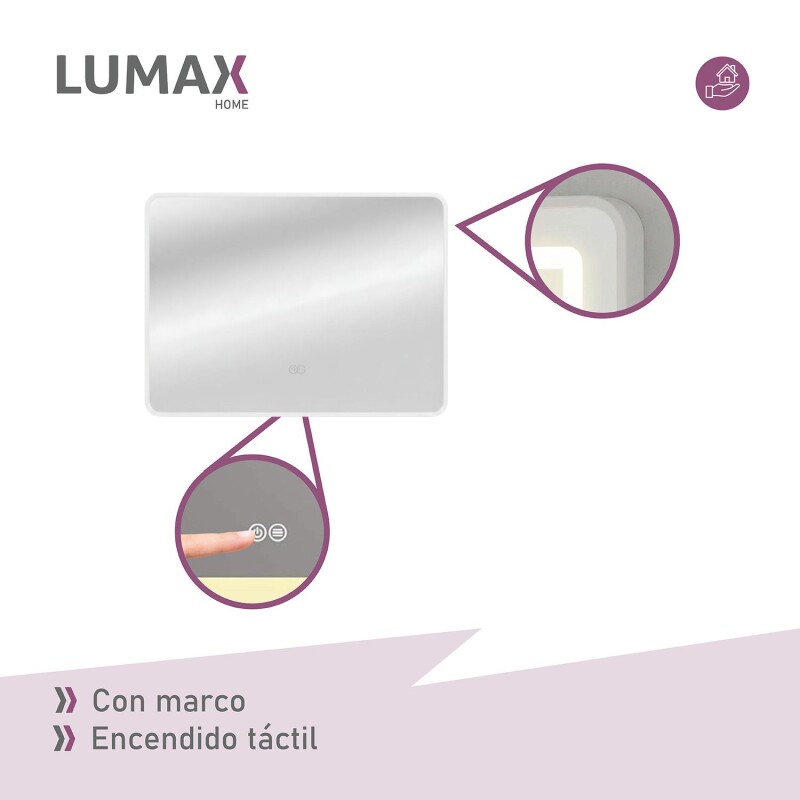 Espejo Horizontal Lumax c/marco desempañador y luz 90x70cm Blanco
