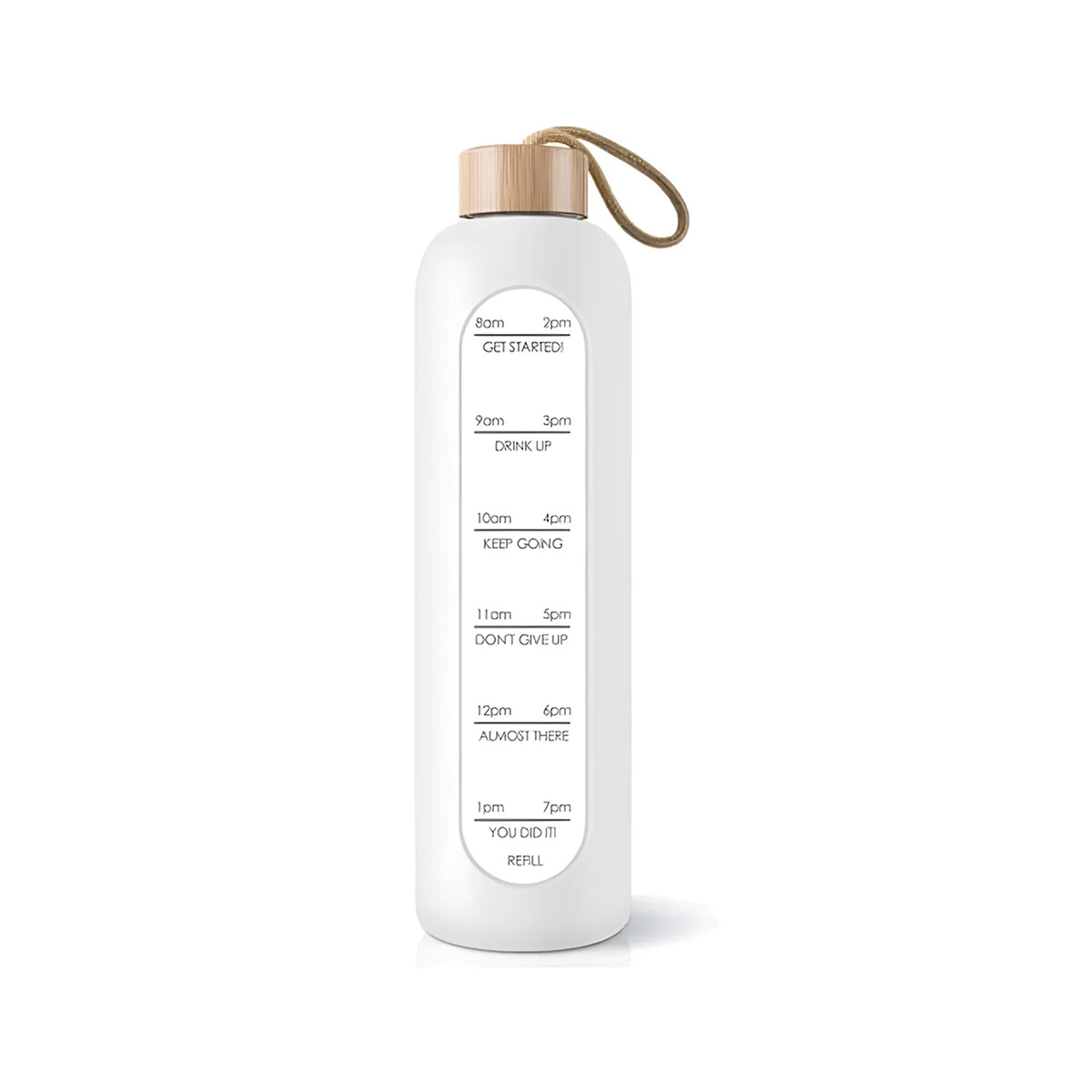 Botella de vidrio con funda de silicona y tapa de bambú con frases motivacionales - Blanco 