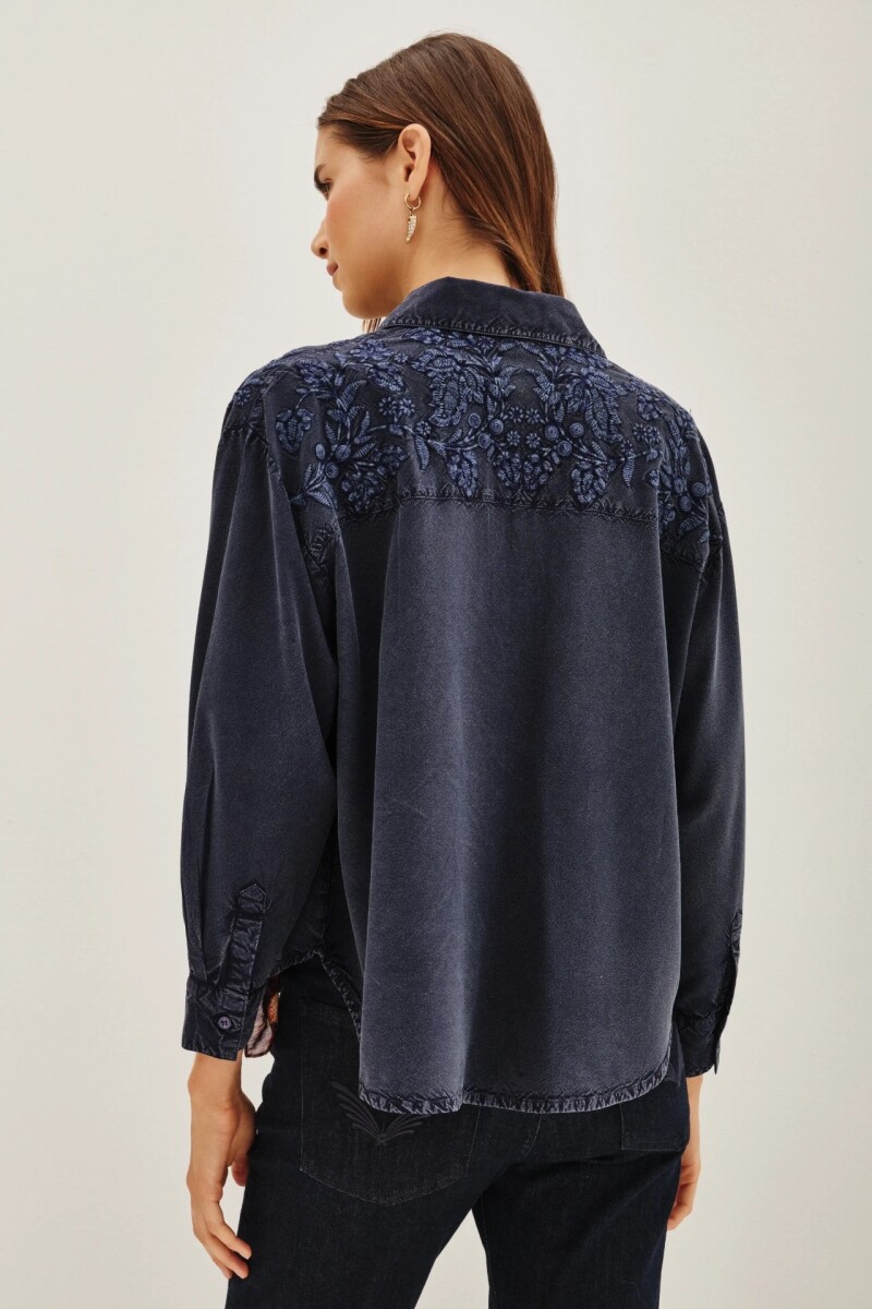 Camisa Wide Tencel Flowers Azul