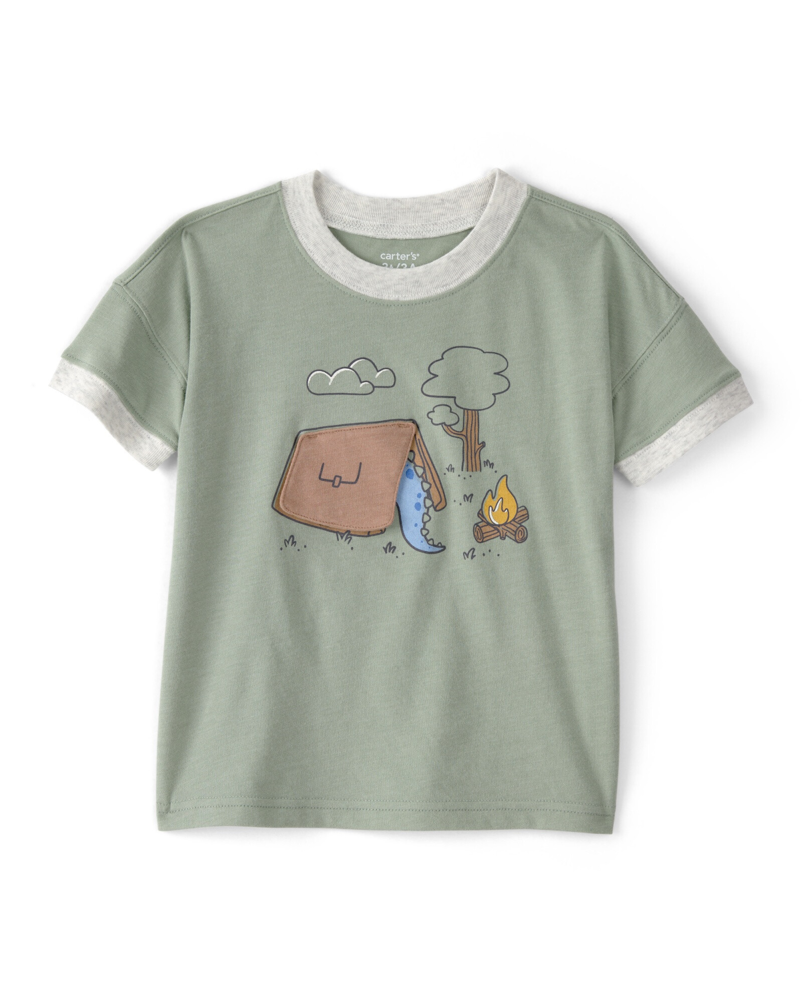 Remera de algodón, manga corta, verde, estampa dino y camping Sin color