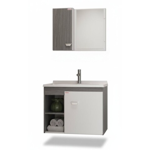 Mueble de Baño Suspendido Sophia 58 cm | Diseño Blanco/Etna Gris con Nichos Laterales y Lavatorio Soft Mueble de Baño Suspendido Sophia 58 cm | Diseño Blanco/Etna Gris con Nichos Laterales y Lavatorio Soft