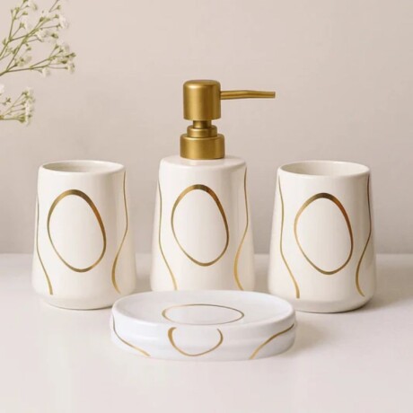 JUEGO DE ACCESORIO PARA BAÑO - CERAMICA 4 PIEZAS BLANCO/DORADO JUEGO DE ACCESORIO PARA BAÑO - CERAMICA 4 PIEZAS BLANCO/DORADO