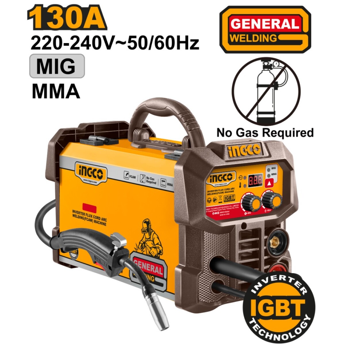 SOLDADORA INVERTER INGCO ING-FC13 FCAW MIG/MMA 130A 