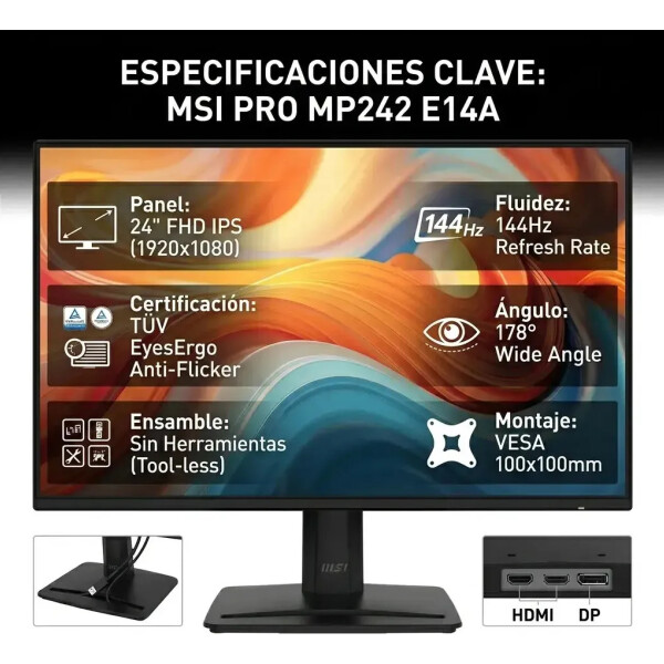 Msi Monitor Pro Mp242 E14a Fhd 24" 144hz MONITOR MSI PRO MP242 E14A 24" NEGRO
