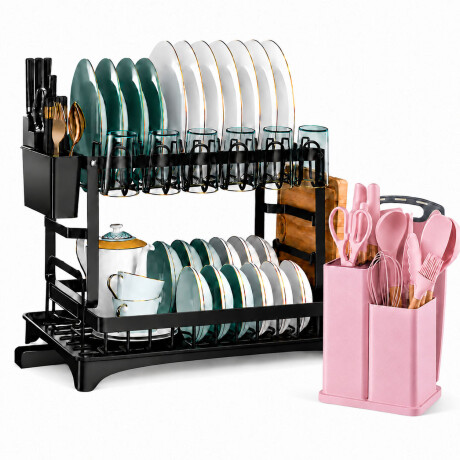 Set Utensilios Cocina 19Pz + Escurridor 2Niv Acero Inox Rosa