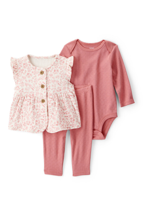Set tres piezas de algodón, chaleco floral, pantalón y body calado Set tres piezas de algodón, chaleco floral, pantalón y body calado