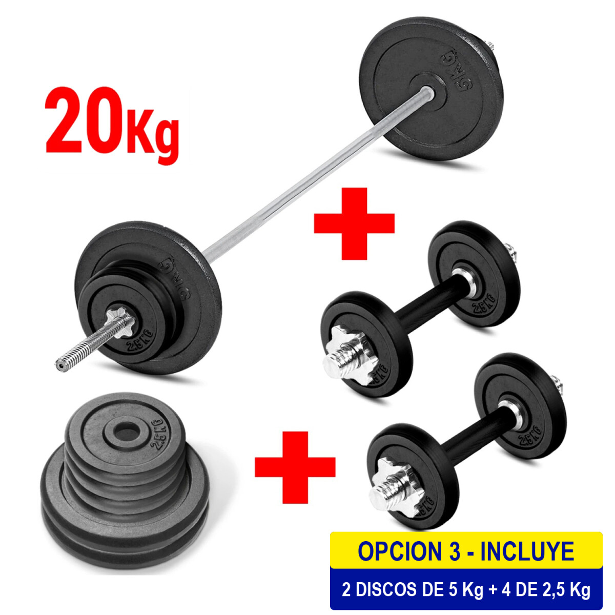 Set 2 Mancuernas + Barra 1.5m + 20 Kg Hierro Compacto - 4 Discos 2.5Kg + 2 Discos 5KG 