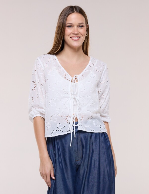 Cardigan Corto De Broderie Con Lazos Frontales CRUDO
