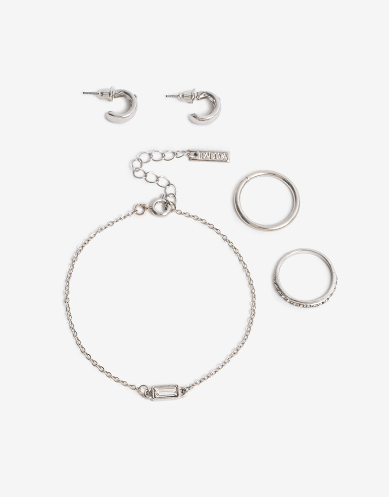 Bijouterie Set Metal Bijou Set Metal Aros Pulsera Y Anillos - Plateado