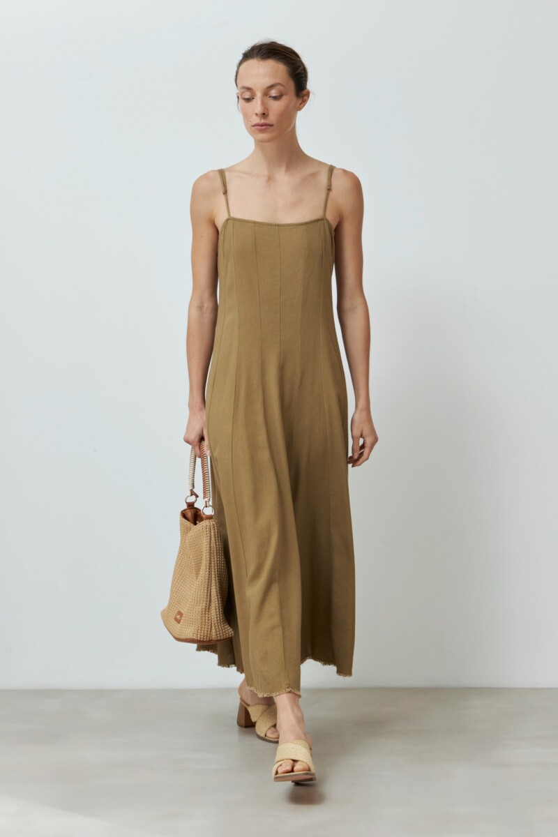 Vestido de lino bretel fino con cortes verde oliva