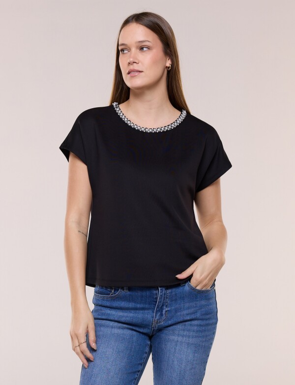 Blusa Con Bordado De Perlas En Escote NEGRO